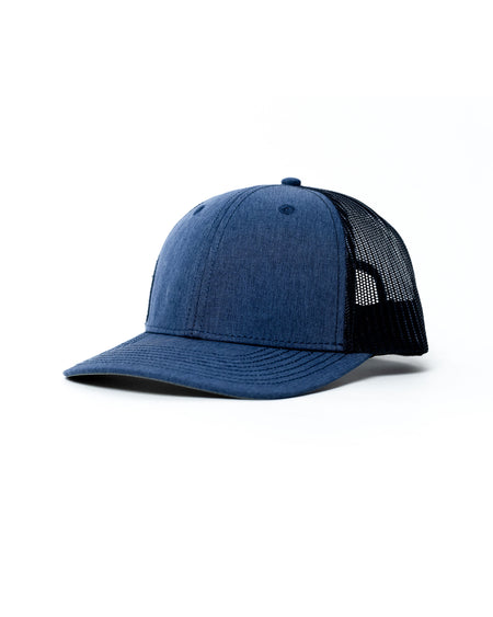 Blue cap with black mesh back on a white background